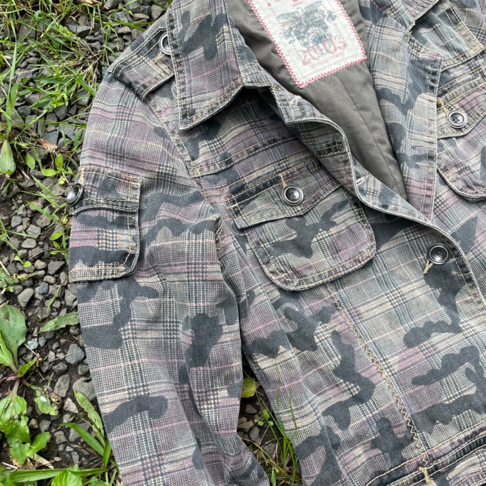 Y2K Camo Plaid Utility Cargo Light Green Jacket - Picture 5 of 6